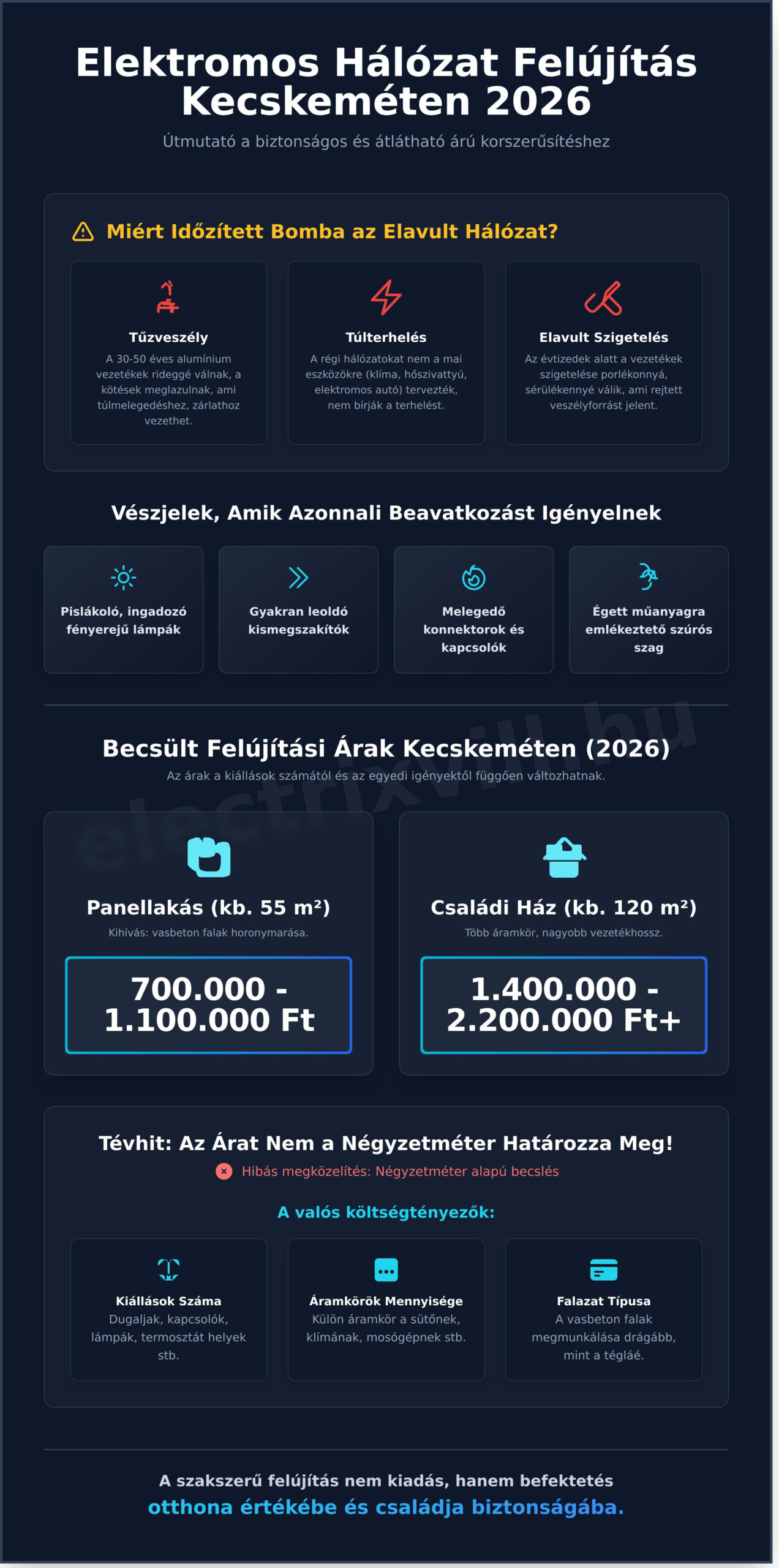 Elektromos hálózat felújítás árak Kecskeméten: Teljes költségútmutató 2026-ra
